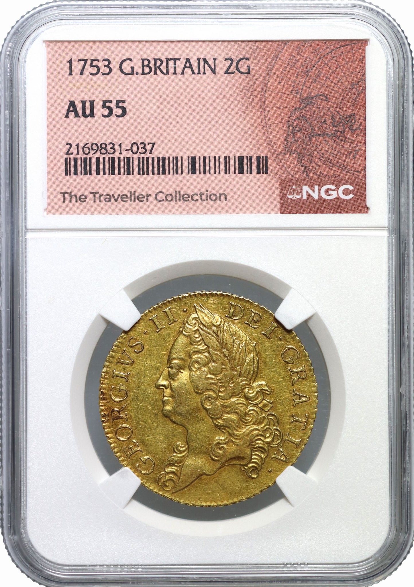 George II 1753 Two-Guineas, old head, final date AU55 - 2nd finest graded
