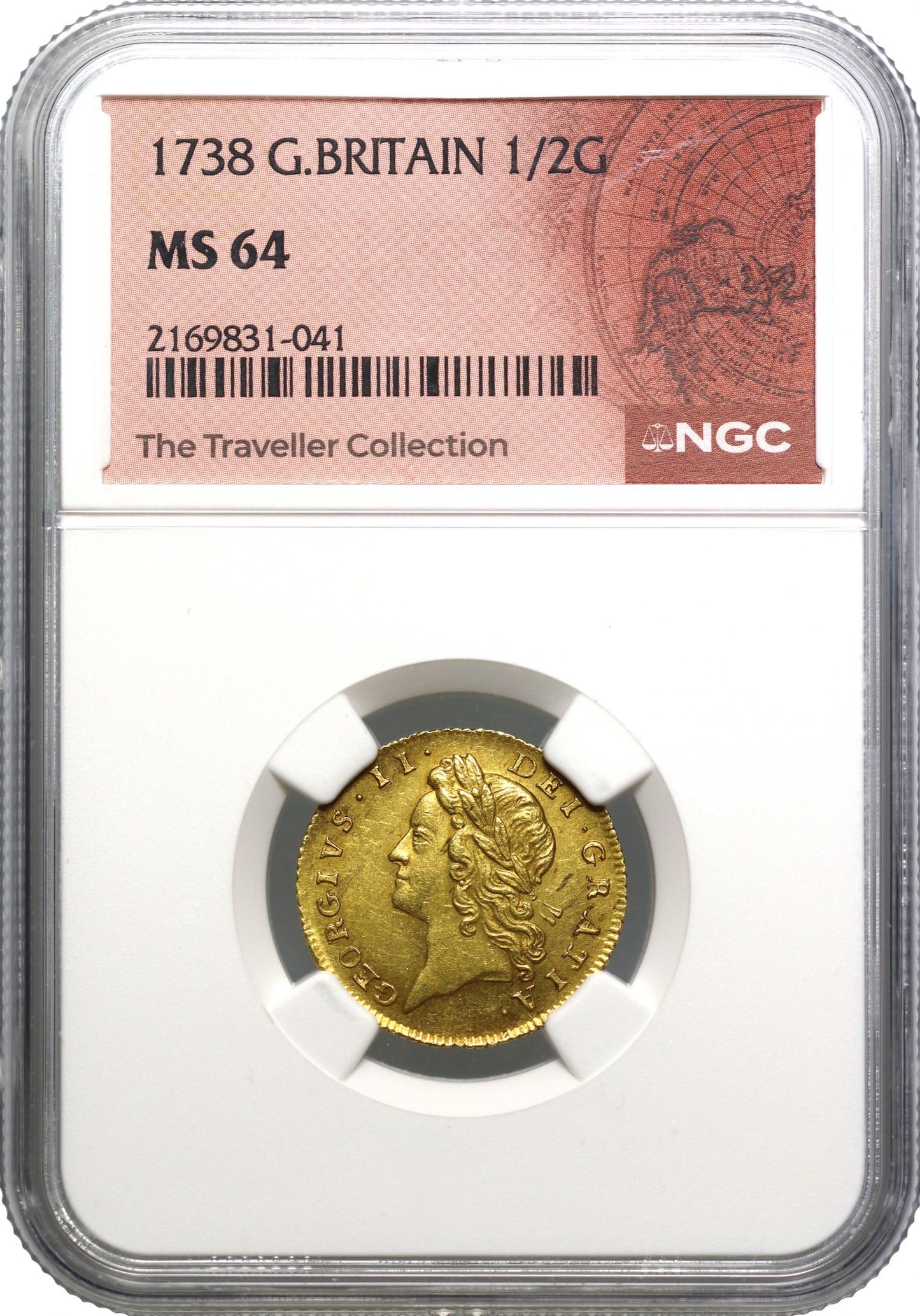 George II 1738 Half-Guinea young bust MS64, finest graded, very rare date