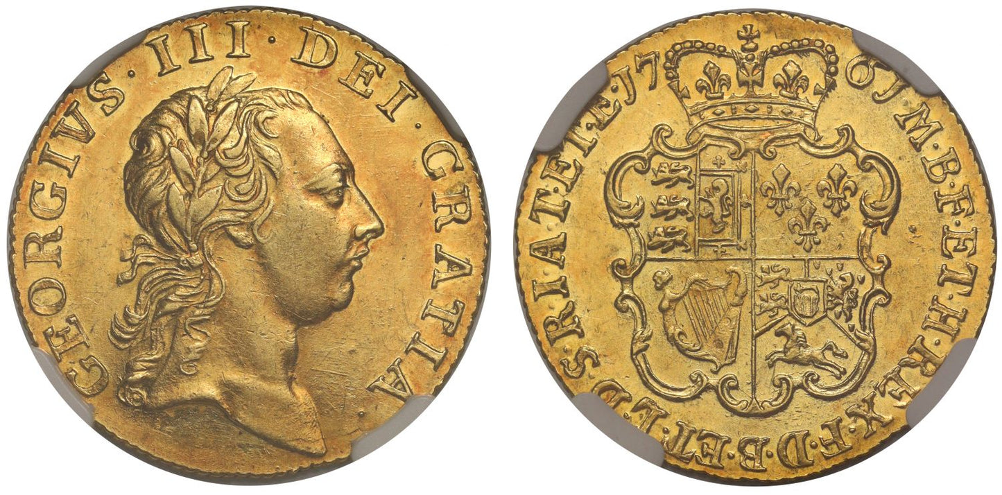 George III 1761 Guinea first bust, wreath with two leaves at top NGC AU55