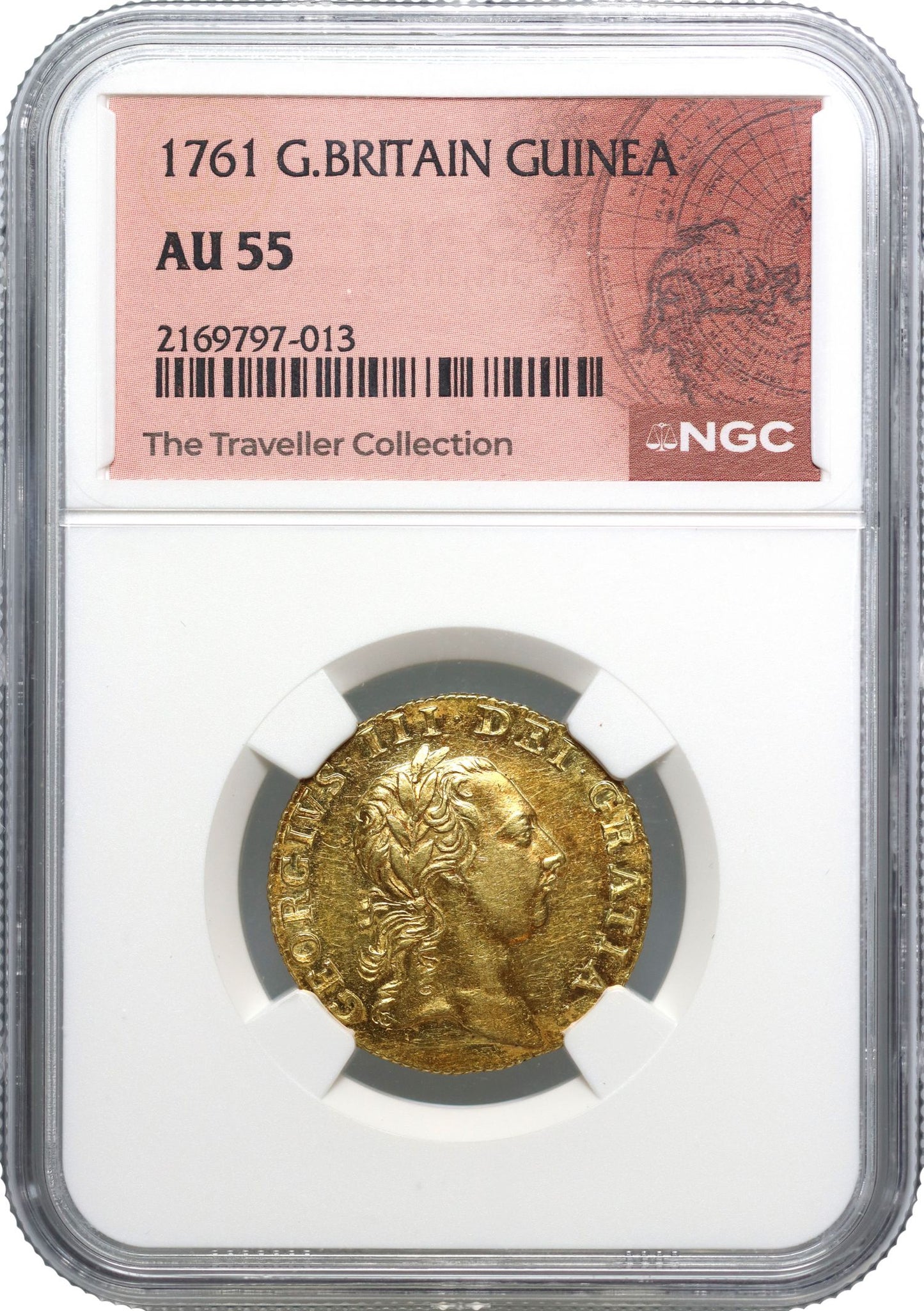 George III 1761 Guinea first bust, wreath with two leaves at top NGC AU55