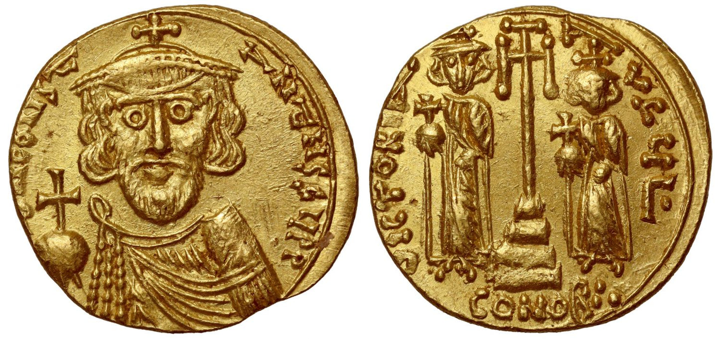 Constantine IV Pogonatus, with Heraclius and Tiberius, Solidus, Syracuse.