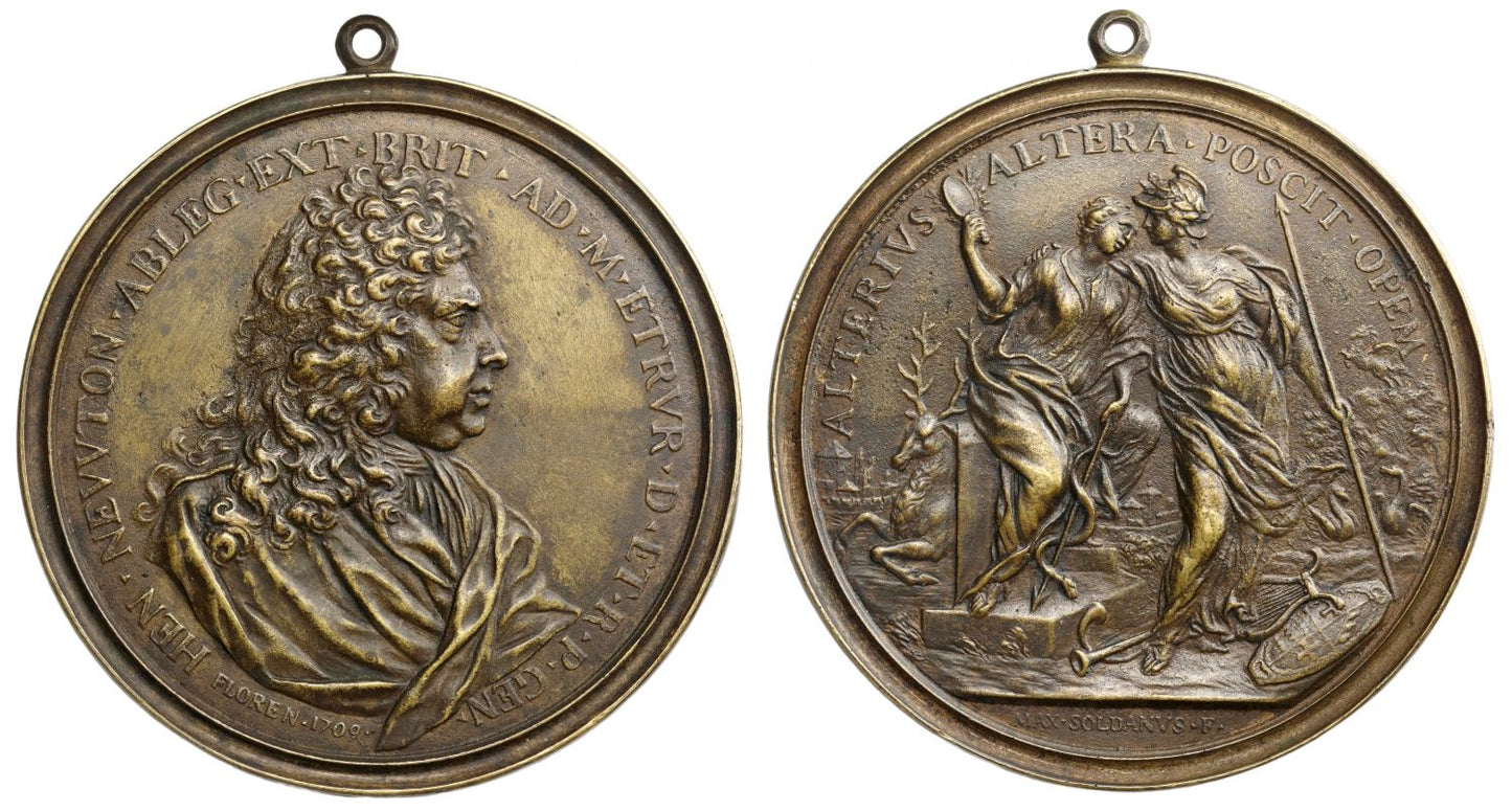 Sir Henry Newton (1651-1715), Queen Anne's Ambassador to the Medici Court, grandfather of Admiral Rodney, bronze medal by Massimiliano Soldani, 1709.