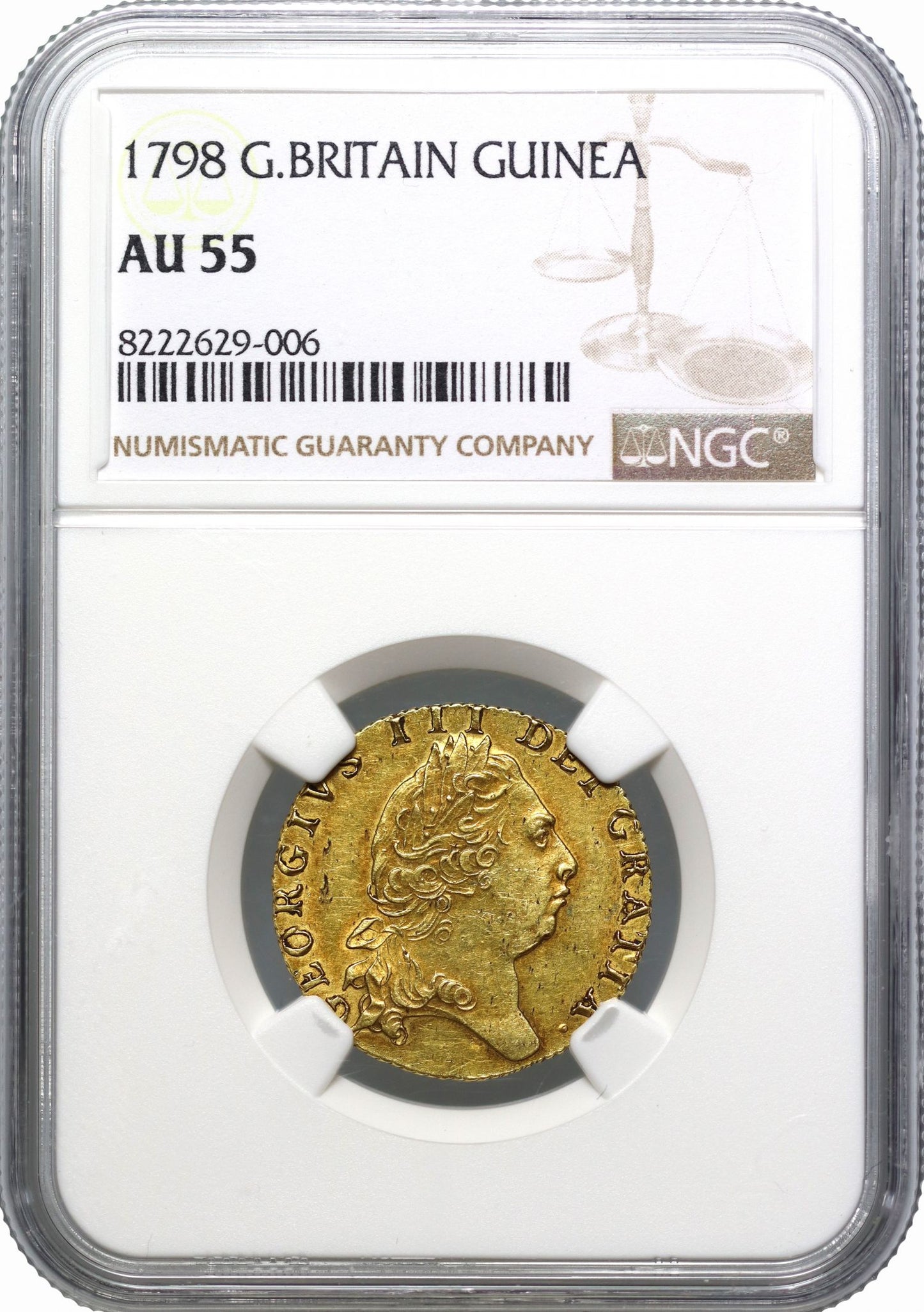 George III 1798 Guinea, AU55, 5th bust, spade reverse