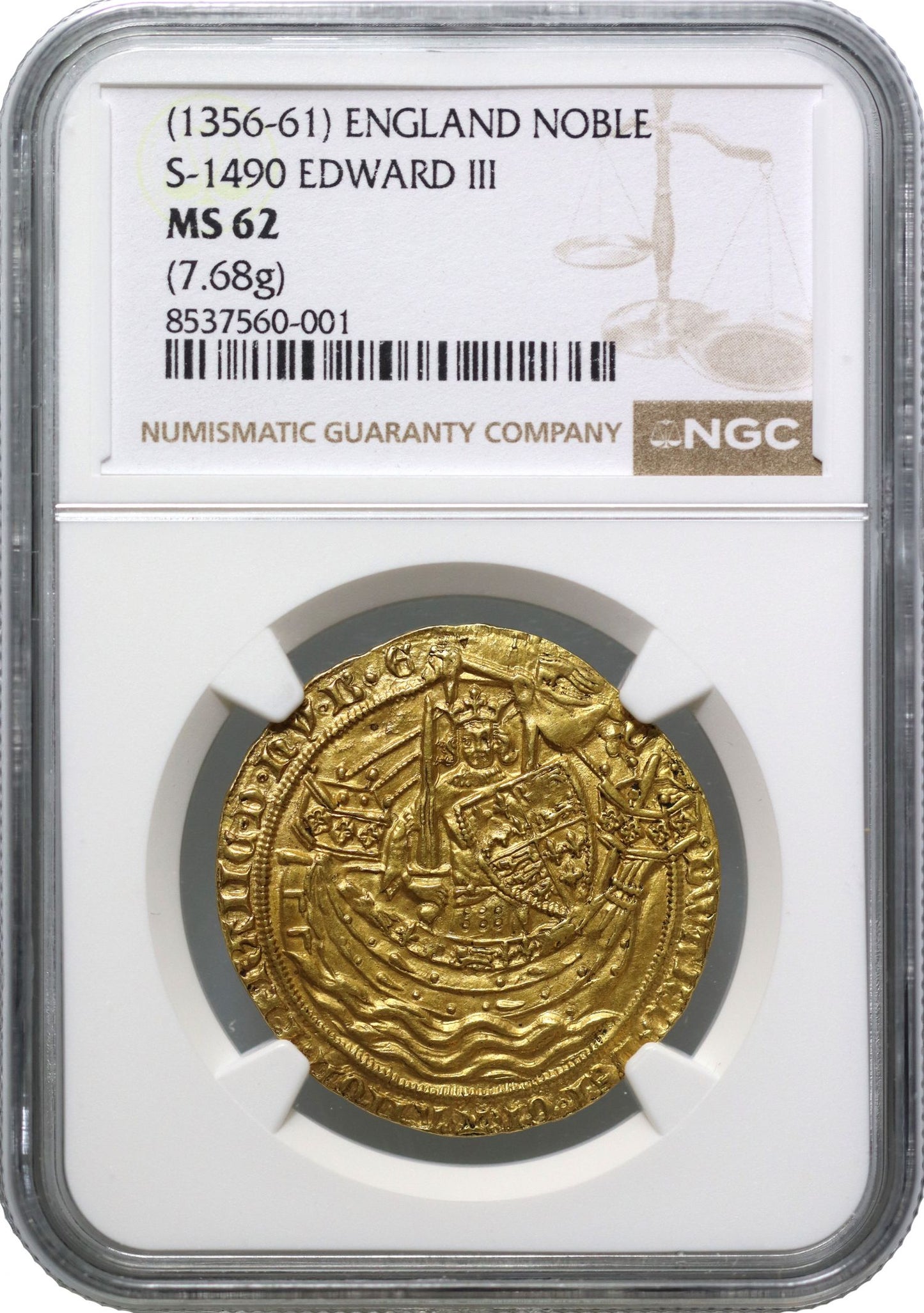 Edward III gold Noble, 4th Coinage, Pre Treaty Period, Series G, no REX legend, MS62