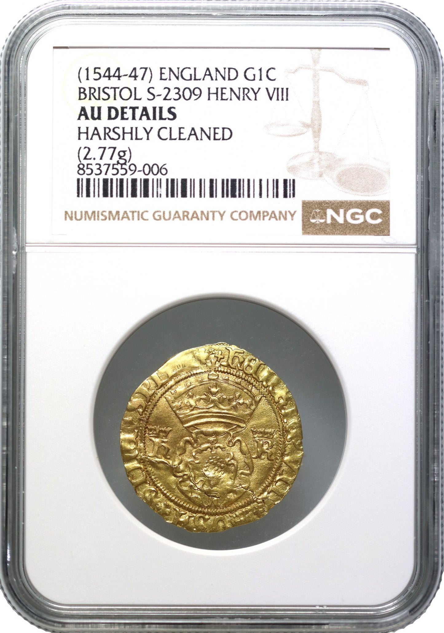 Henry VIII gold Crown Bristol mint, WS on reverse for William Sharrington AU Details