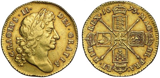 Charles II 1675 Guinea, CRAOLVS spelling error of King's name, best survivor