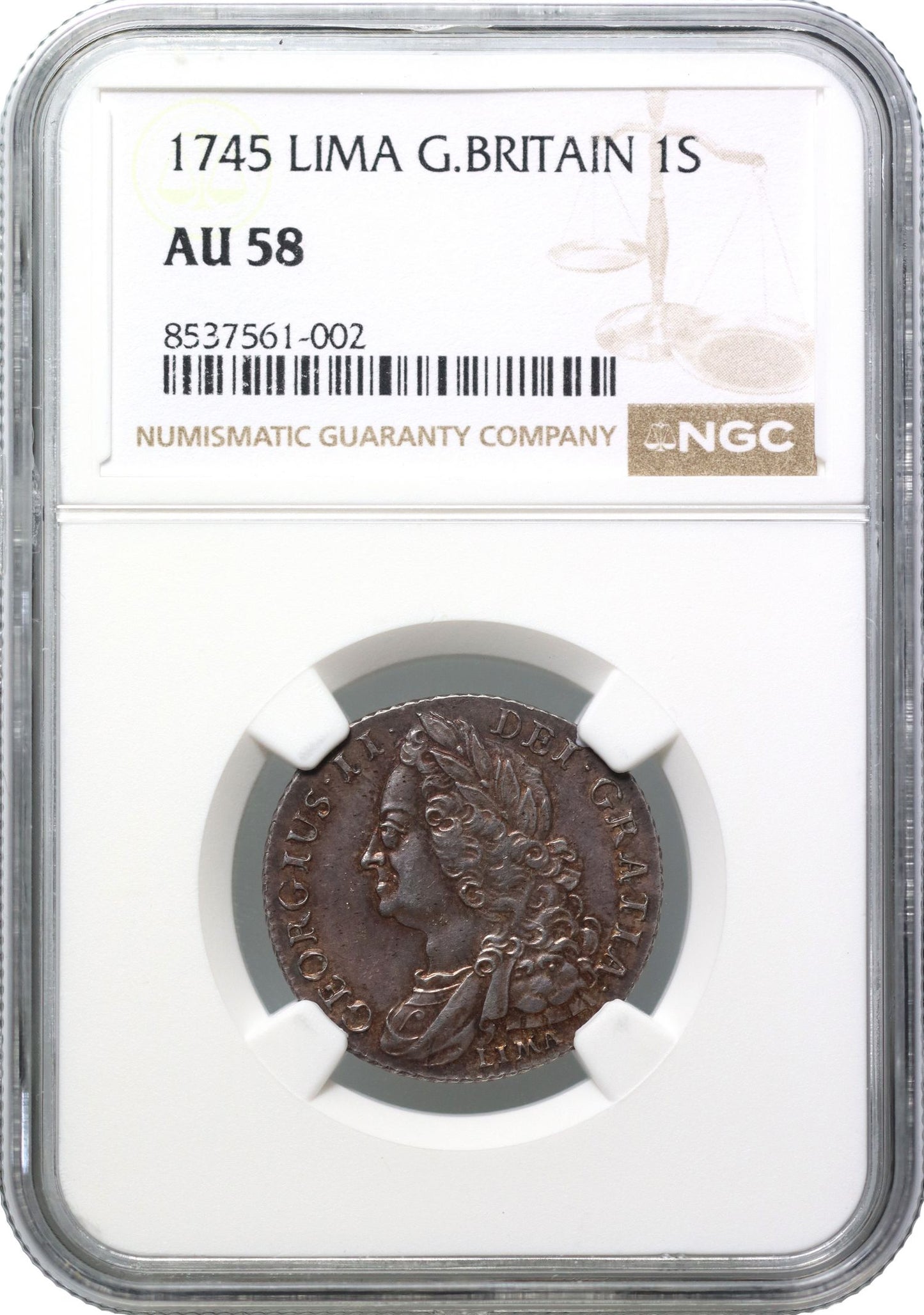 George II 1745 LIMA Shilling, older head, made from captured silver NGC AU58