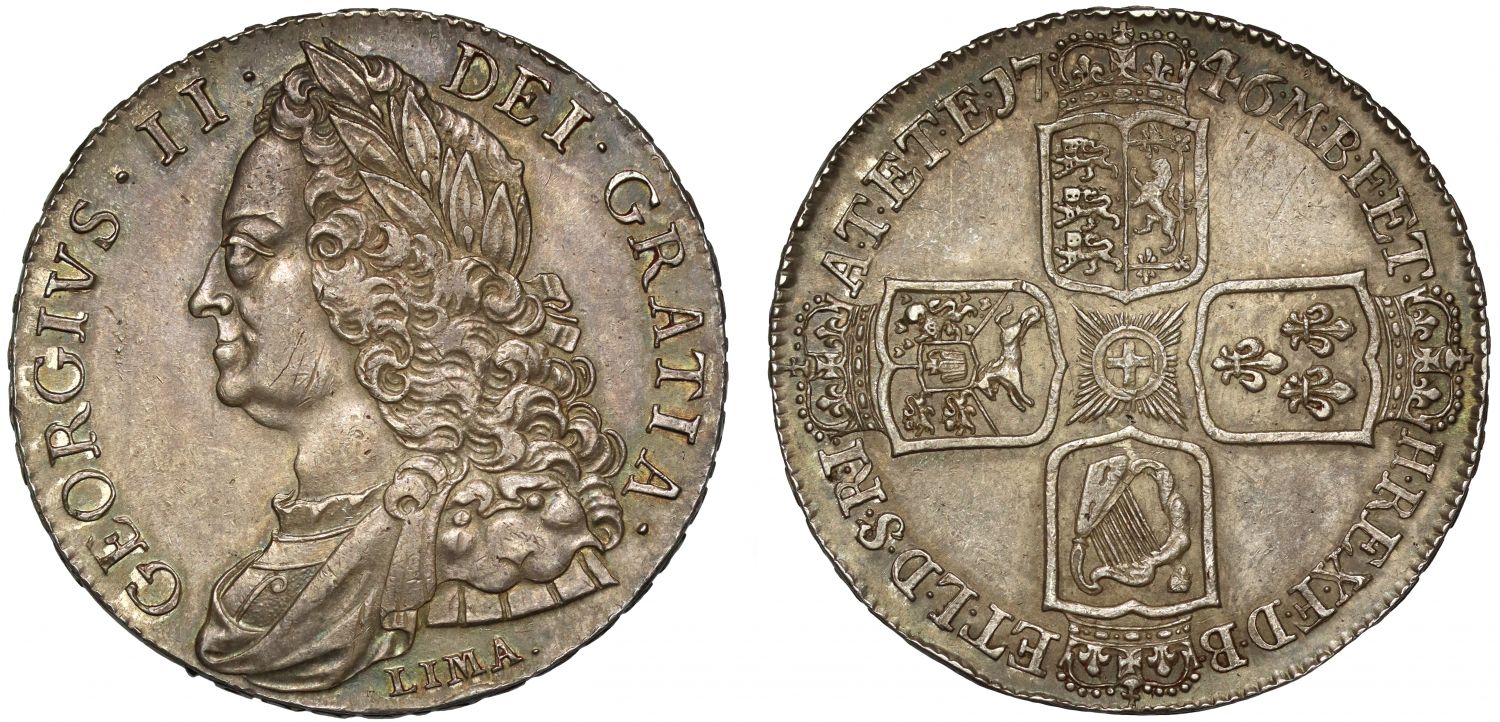 George II 1746 LIMA Crown older head, AU55, made from captured treasure