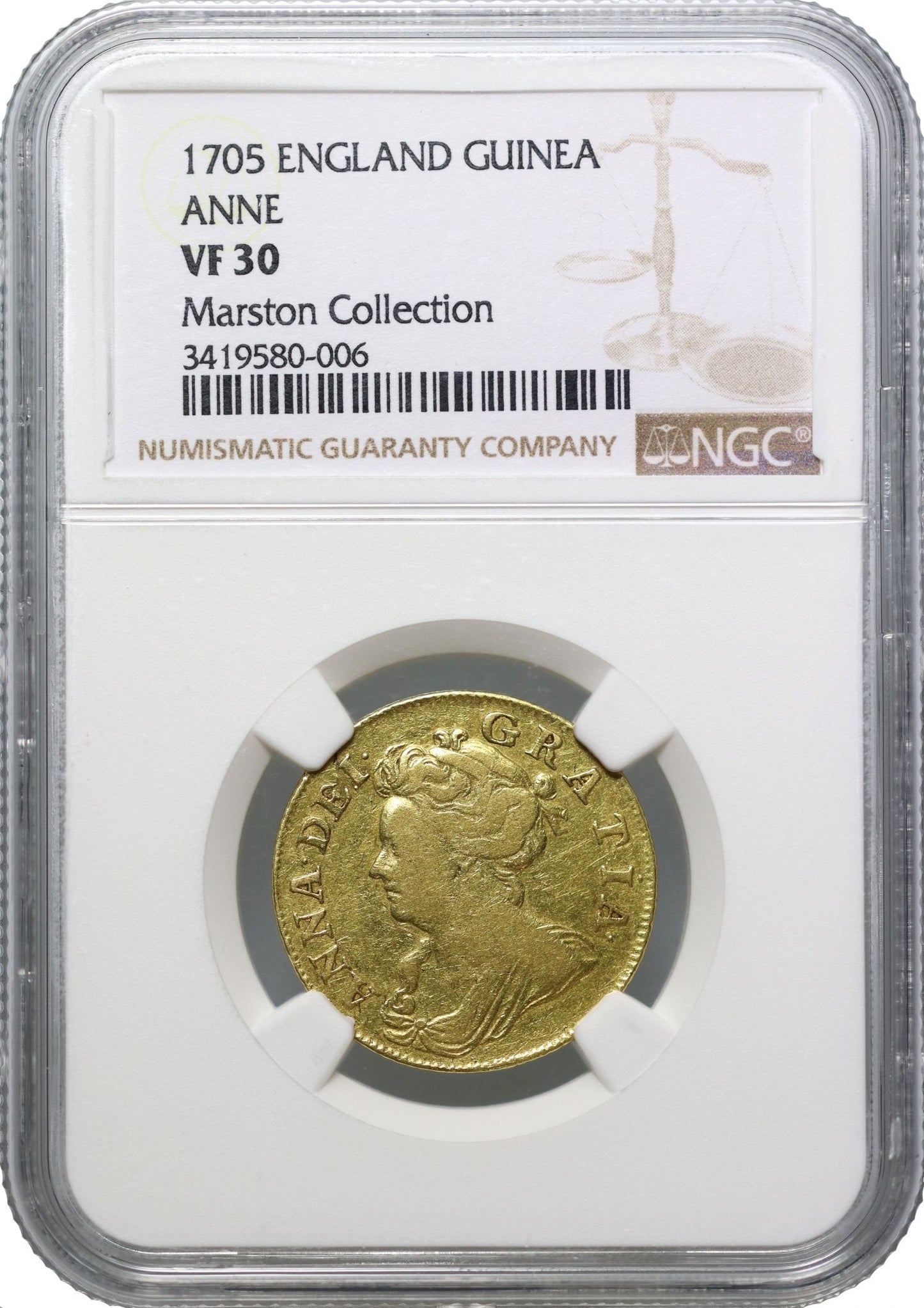 Anne 1705 Guinea, Pre-Union issue and type, VF30