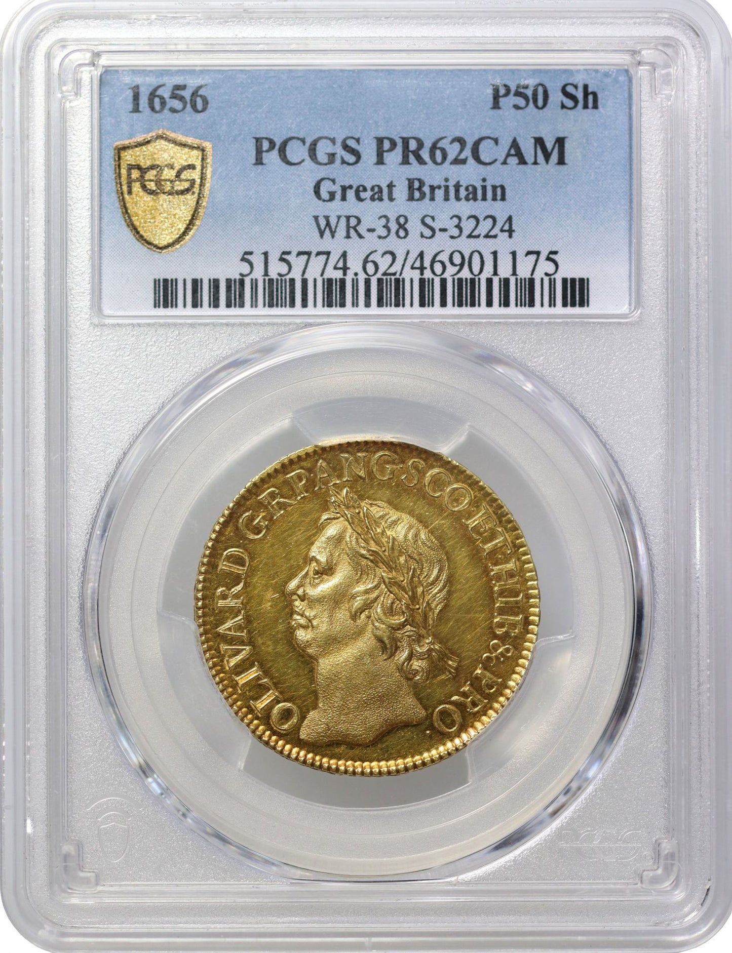 Oliver Cromwell 1656 pattern gold Broad of 50-Shillings, PR62 CAM, ex Barber