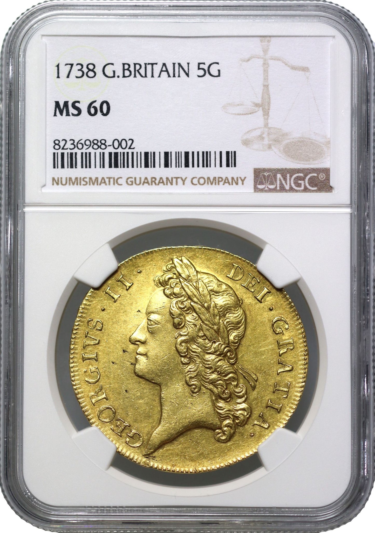 George II 1738 Five-Guineas, young bust, MS60