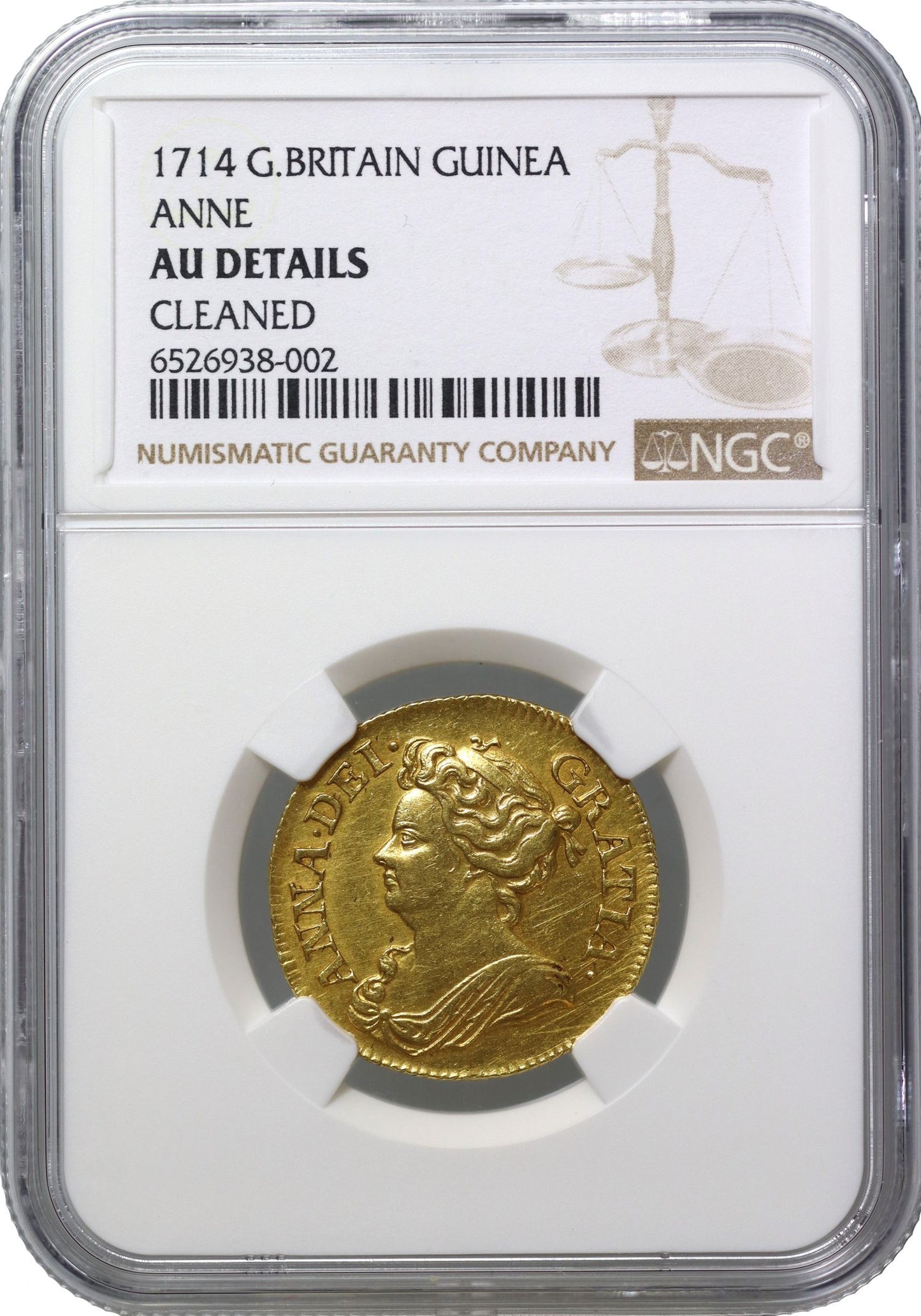 Anne 1714 Guinea, third bust, once cleaned