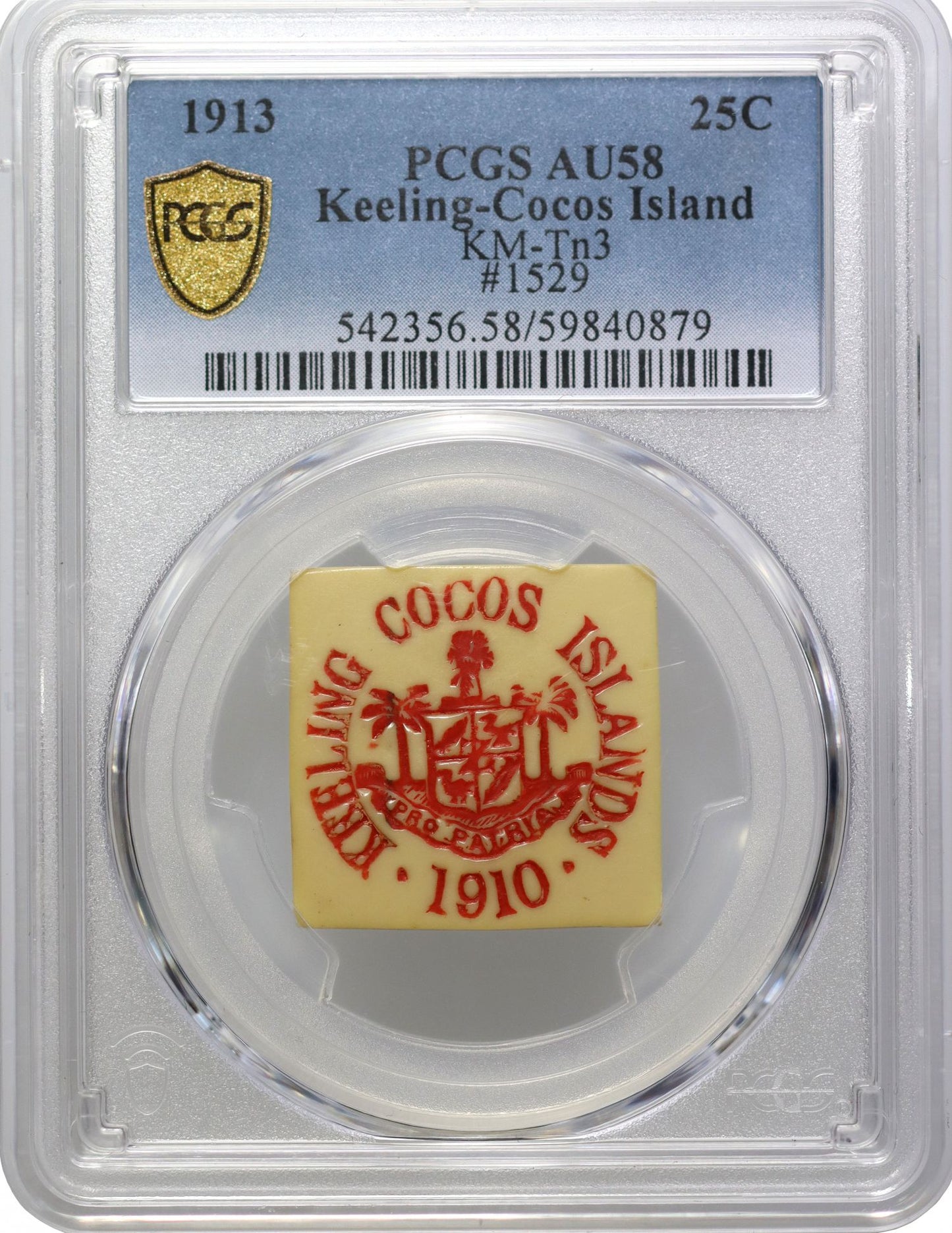 Keeling and Cocos, 1913 ivorine 25-Cents Token, AU58.