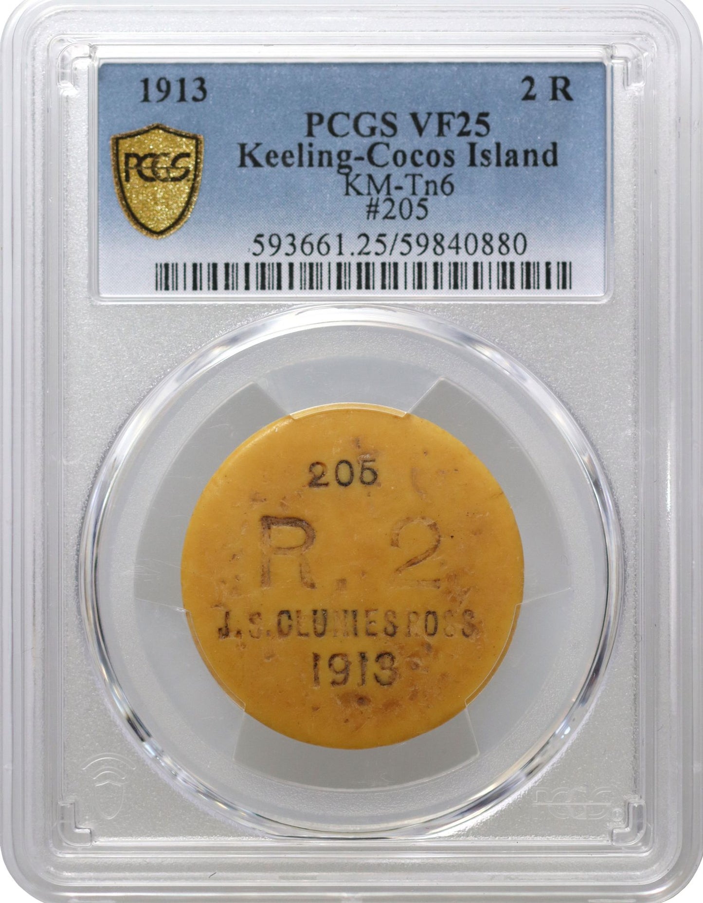 Keeling and Cocos, 1913 ivorine 2-Rupees Token, VF25.