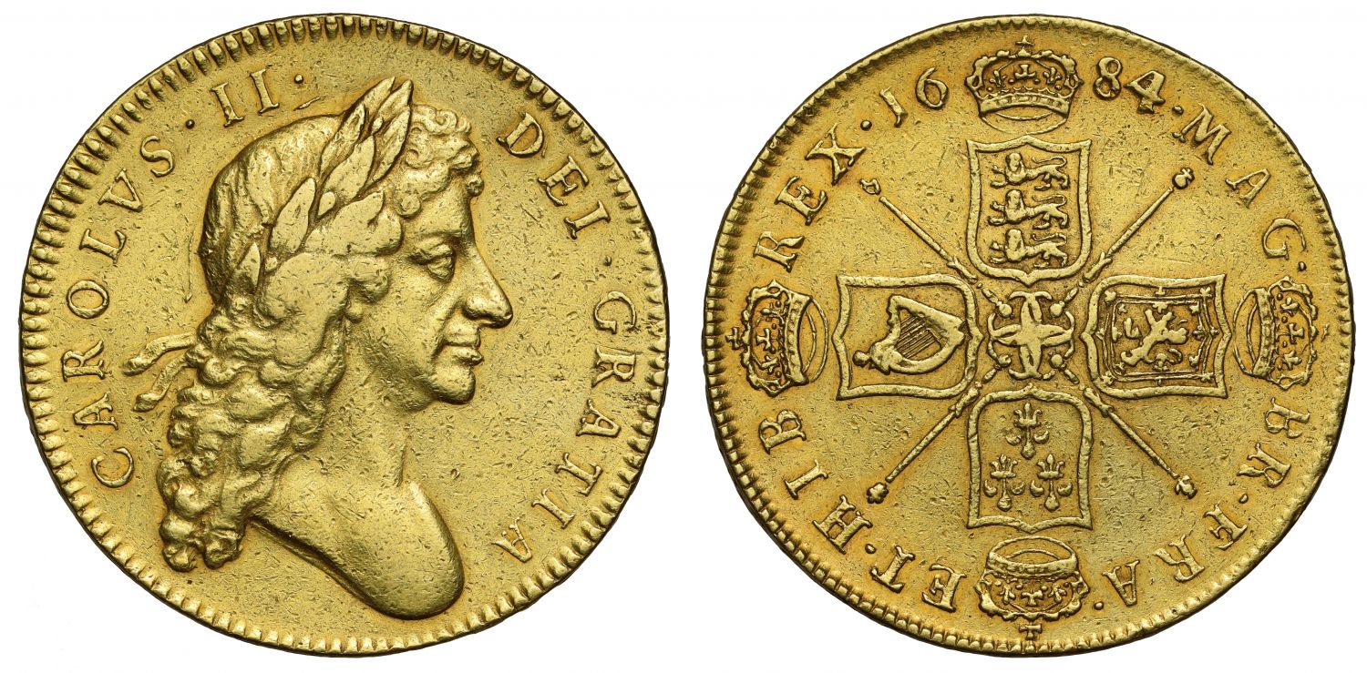 Charles II 1684, 4 over 3, Five-Guineas, second bust, final date, SEXTO edge