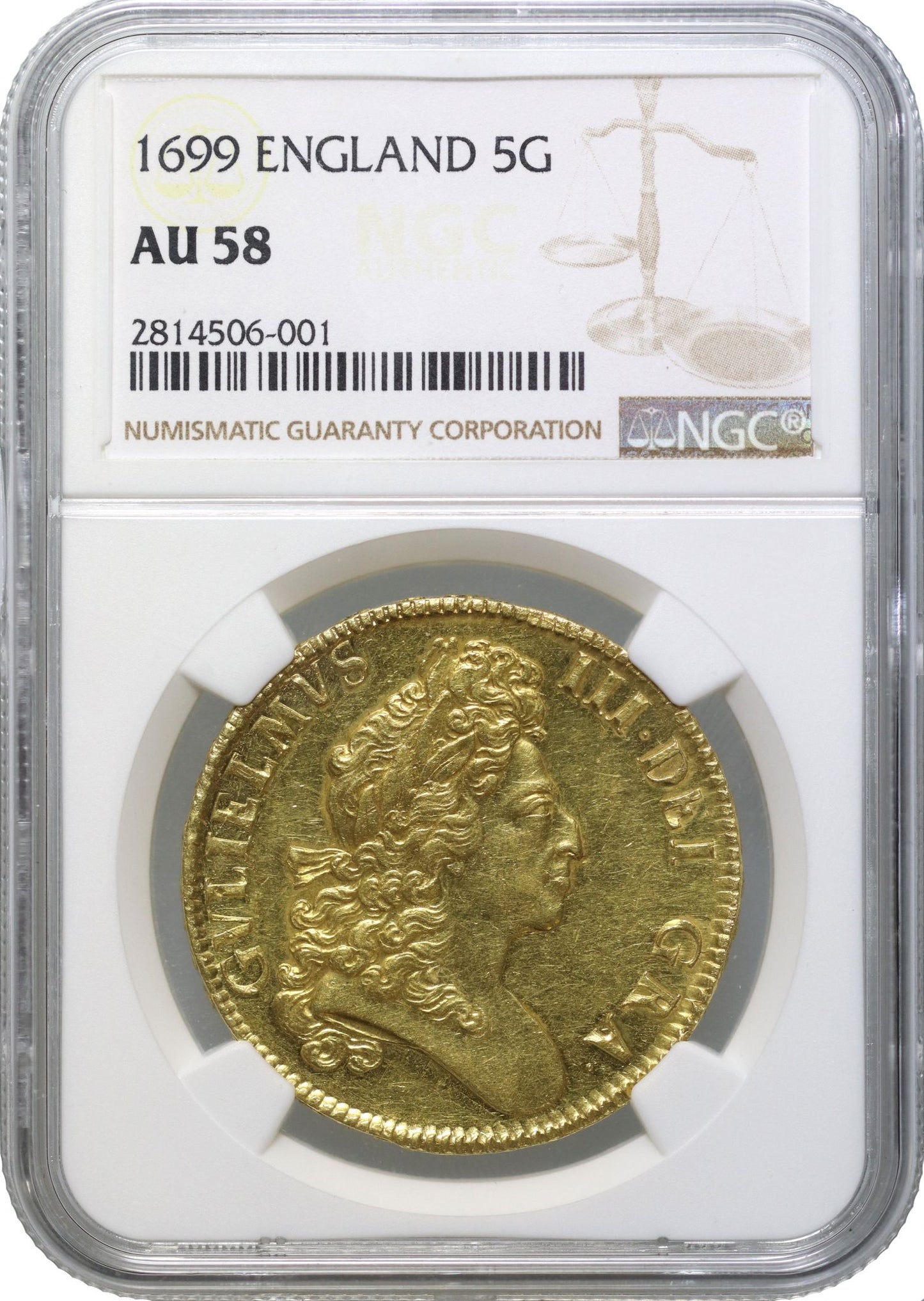 William III 1699 Five-Guineas, 1st bust, AU58, first year, edge UNDECIMO