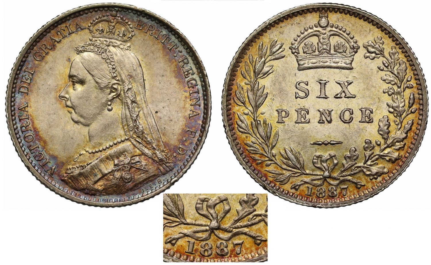 Victoria 1887 silver Sixpence, Jubilee value reverse, thicker wreath ribbon below knot
