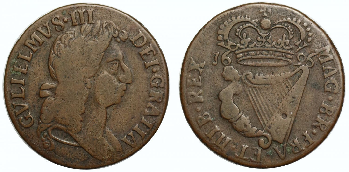 Ireland, William III 1696 copper Halfpenny, type 2 cruder bust S.6599 very rare