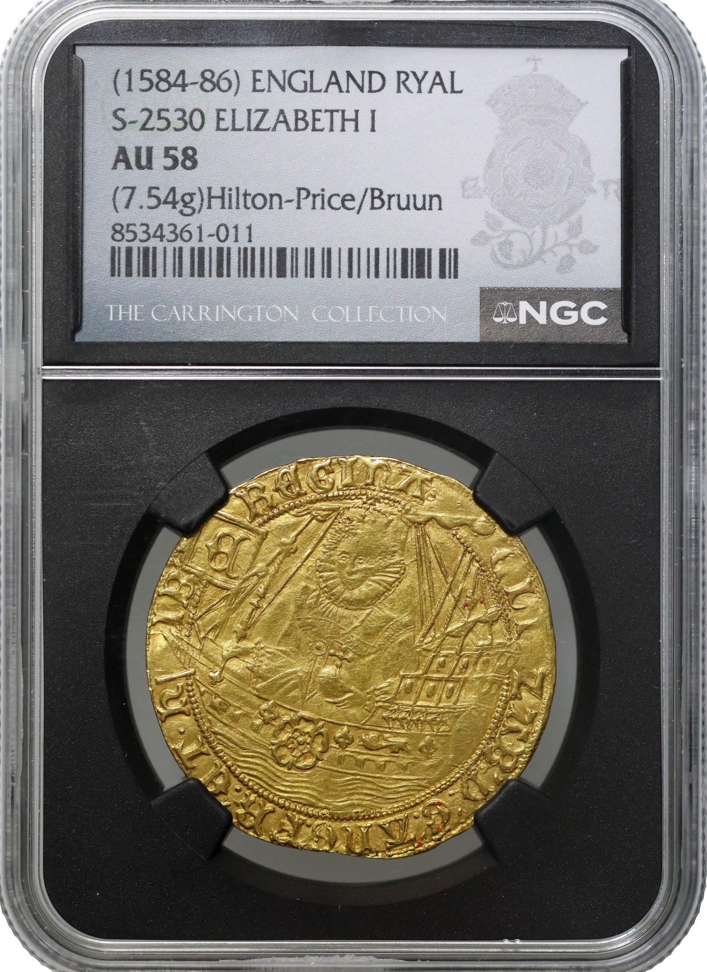 Elizabeth I 'Ship Ryal', sixth issue, Tower mint, mm escallop, NGC AU58