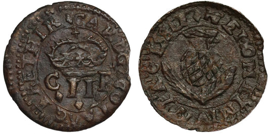 Scotland, Charles I copper Twopence, Type 1a, English Crown mm lozenge