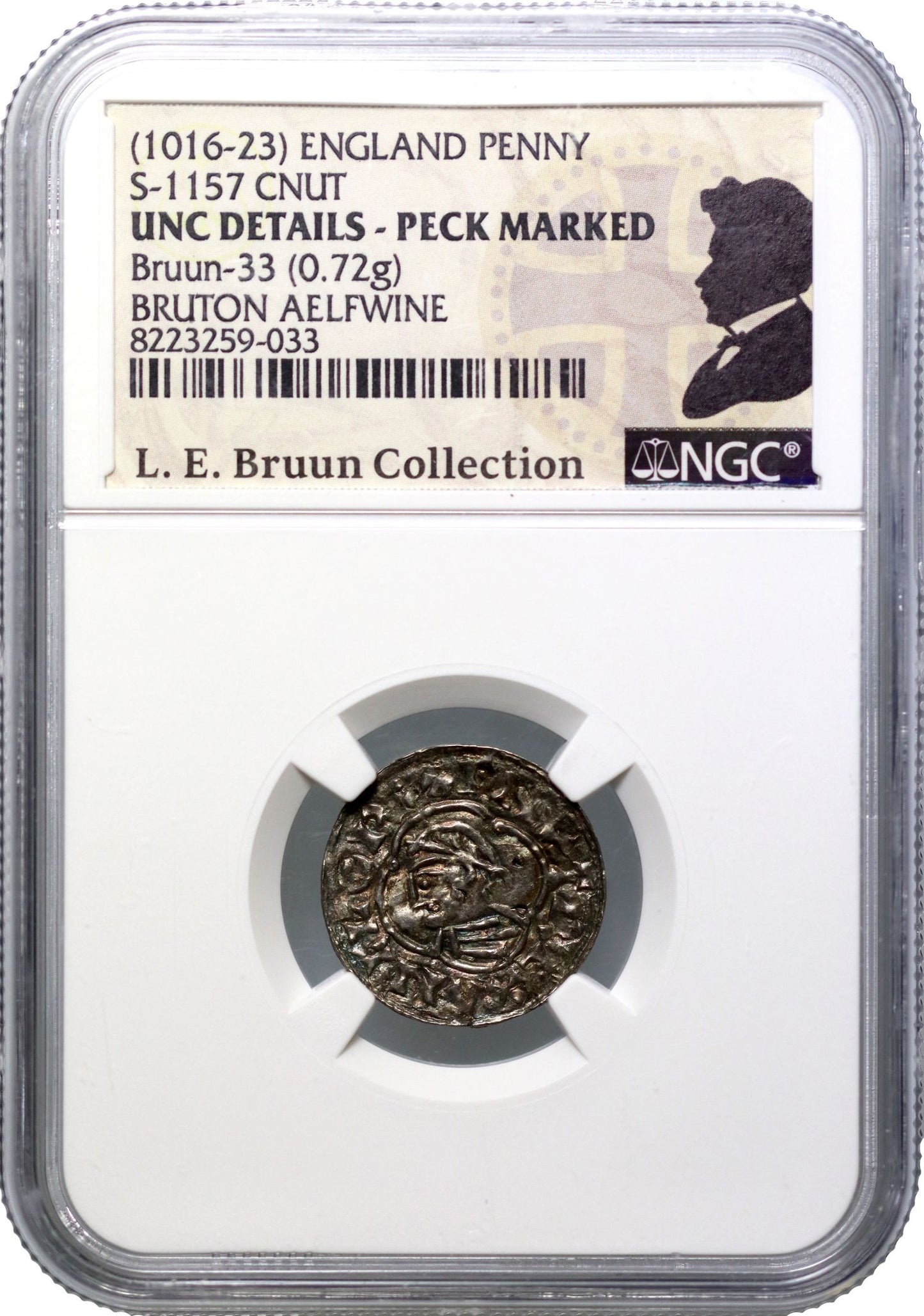 Canute Penny, Quatrefoil type, Bruton, Aelfwine, extra pellet behind bust