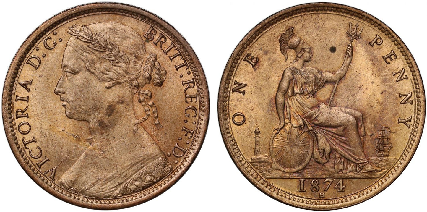 Victoria 1874 H bronze Penny, Heaton Mint, narrow date, 17 leaves, 6 berries, ex Baldwin vault