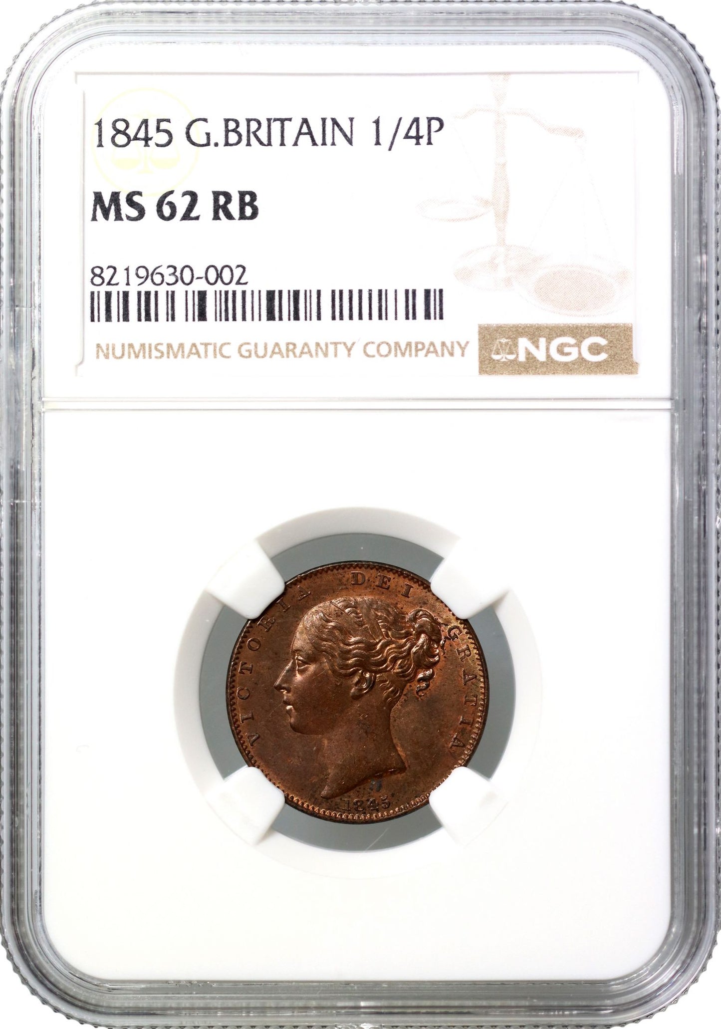 Victoria 1845 copper Farthing, MS62 RB