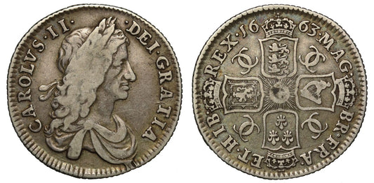 Charles II 1663 Shilling first bust Scottish Irish shields transposed error R3
