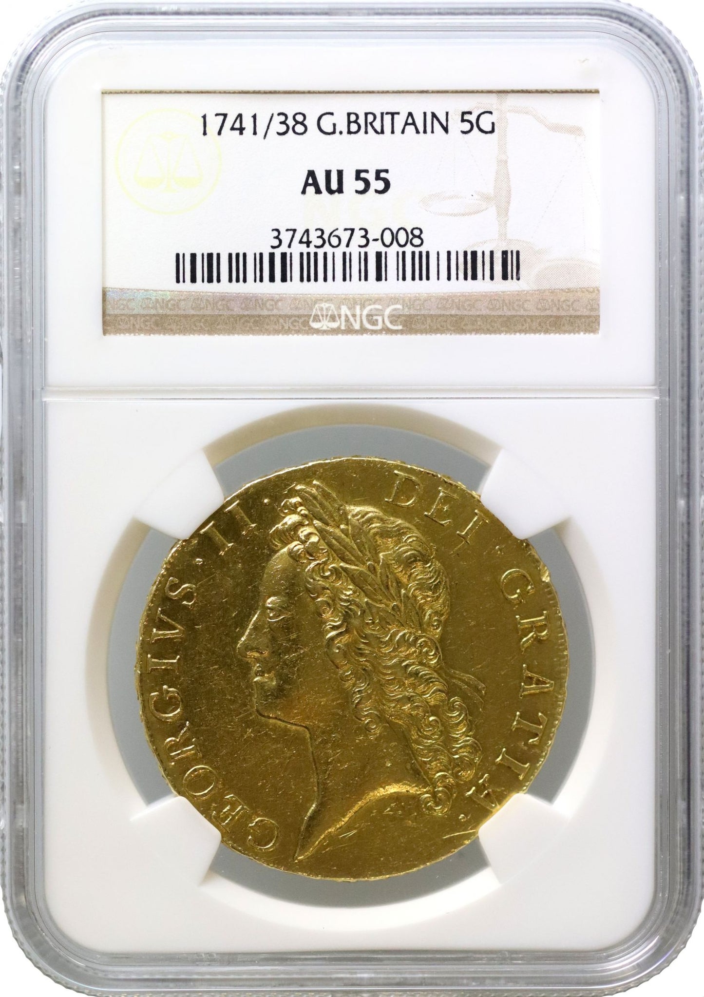 George II 1741/38 Five-Guineas, young bust, AU55