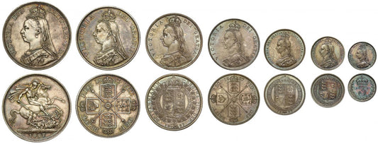 Victoria 1887 7-coin silver currency Set, Golden Jubilee Crown to Threepence