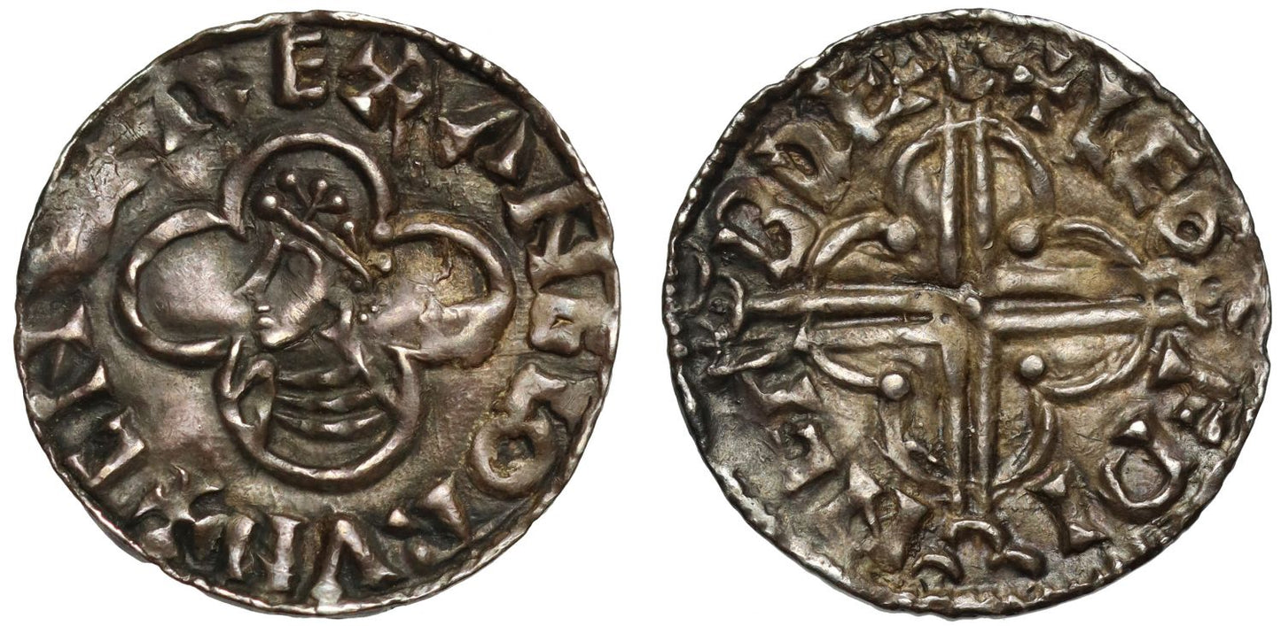 Canute Penny, Quatrefoil type, Bedford, Leofwine, unusual "Norwich" style