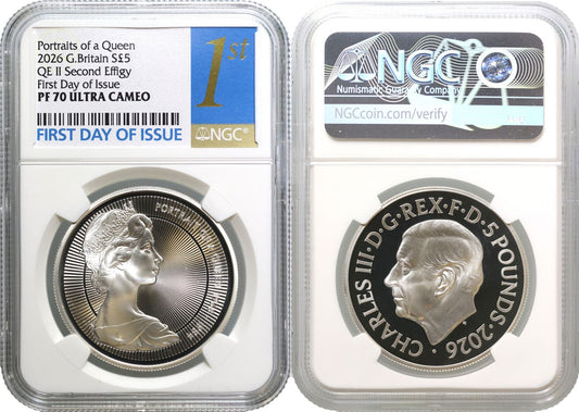 * Charles III 2026 silver PF70 FDI £5 QEII Second Effigy