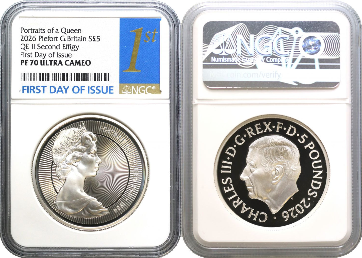 * Charles III 2026 silver piedfort PF70 FDI £5 QEII Second Effigy