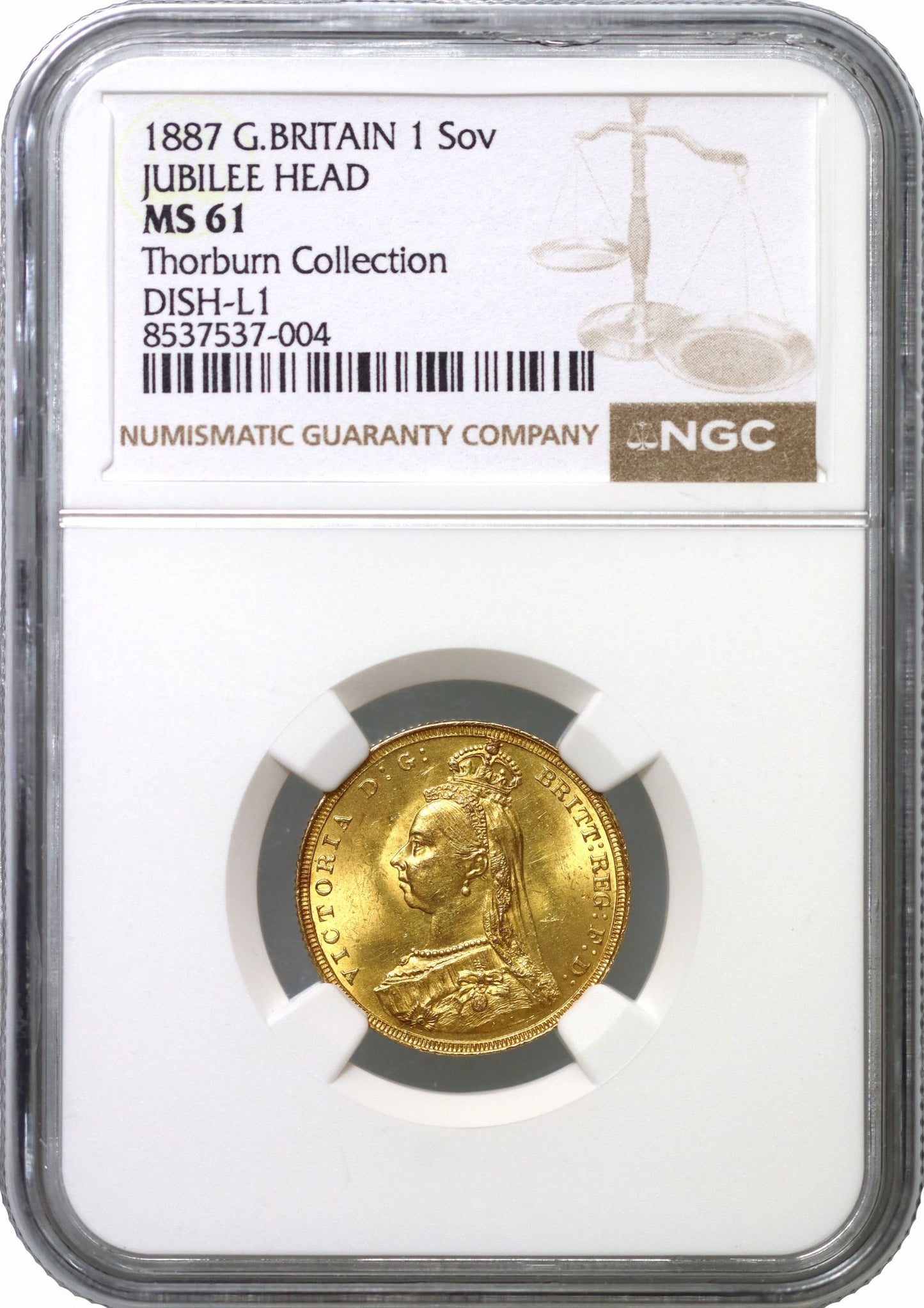 Victoria 1887 Sovereign, hooked J, MS61, DISH L1, ex Thorburn