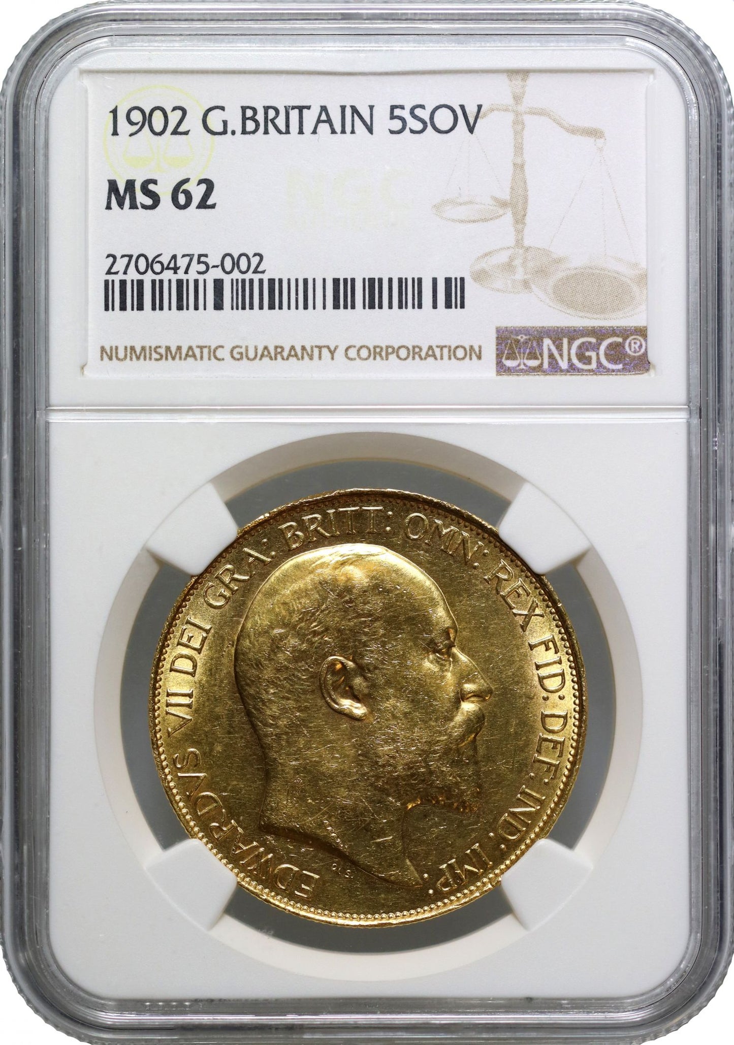 Edward VII 1902 Five-Pounds, NGC MS62, Coronation year