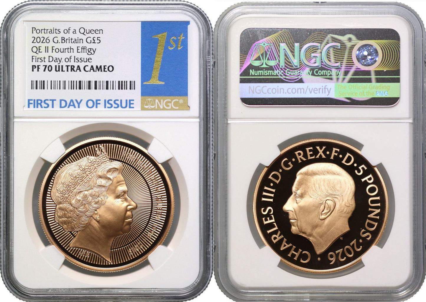 * Charles III 2026 gold PF70 FDI £5 QEII Fourth Effigy