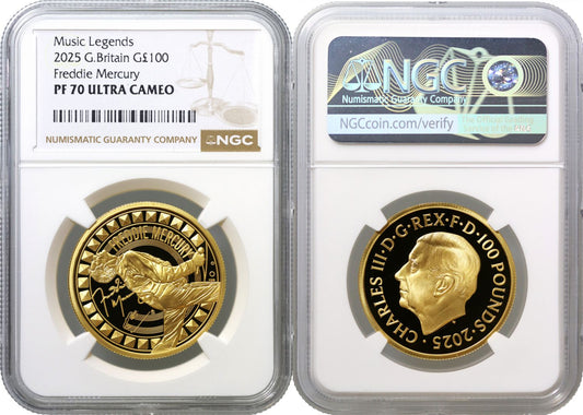 * Charles III 2025 gold PF70 UCAM 1oz Freddie Mercury