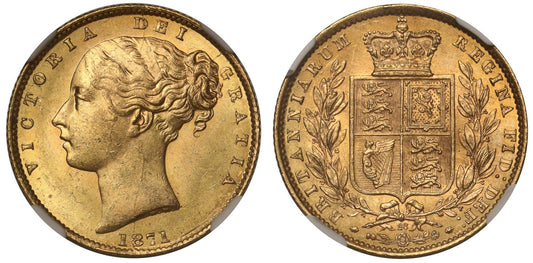 Victoria 1871 shield Sovereign, die 28, NGC MS63