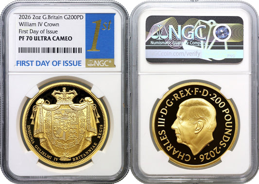 * Charles III 2026 gold 2oz PF70 First Day Issue William IV Crown