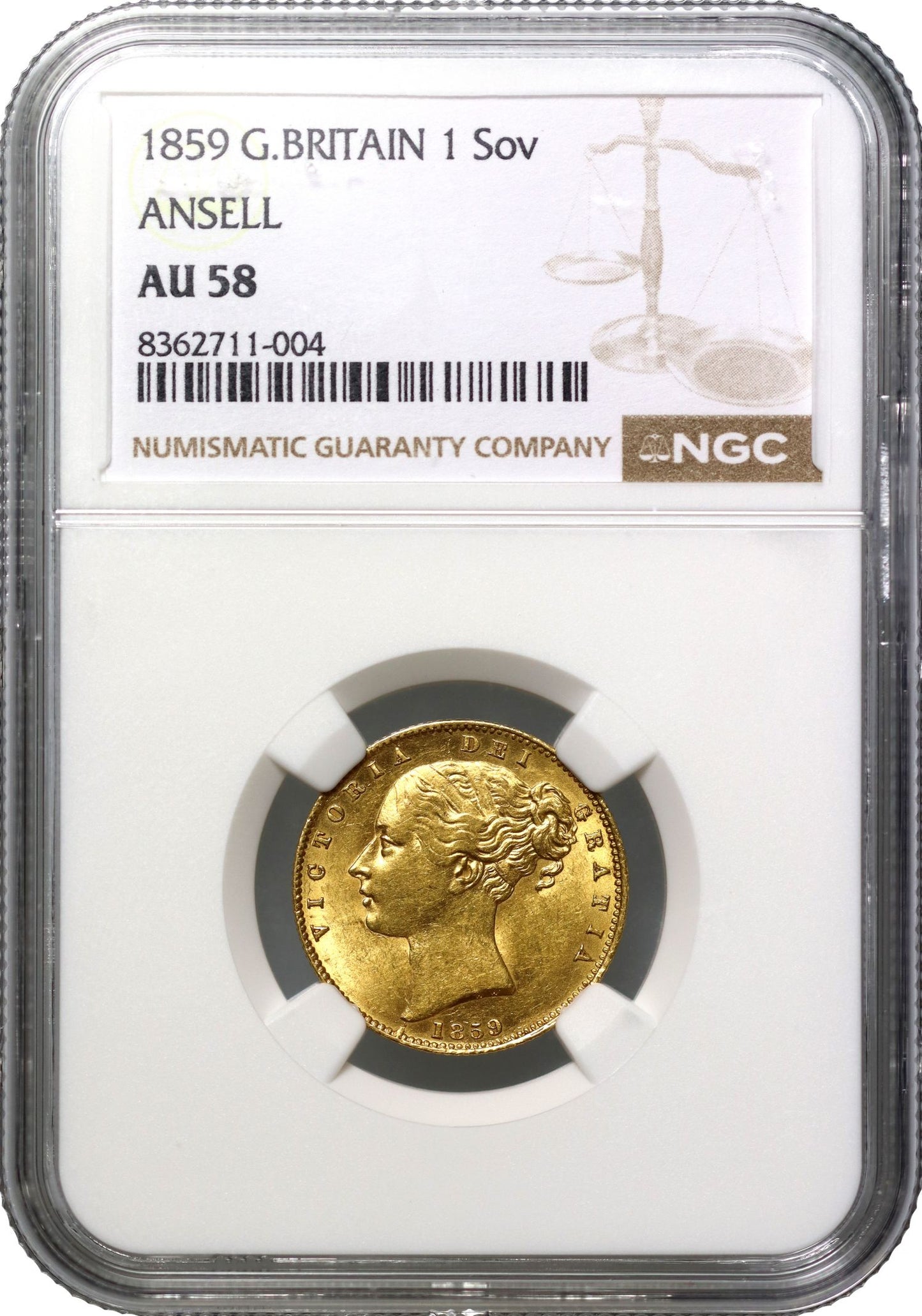 Victoria 1859 'Ansell' Sovereign, AU58, very rare variety