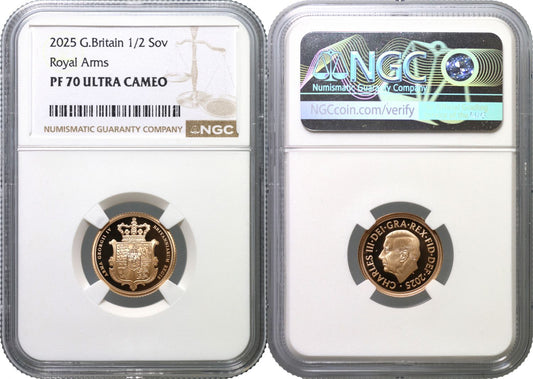 * Charles III 2025 PF70 UC Half-Sovereign Royal Arms