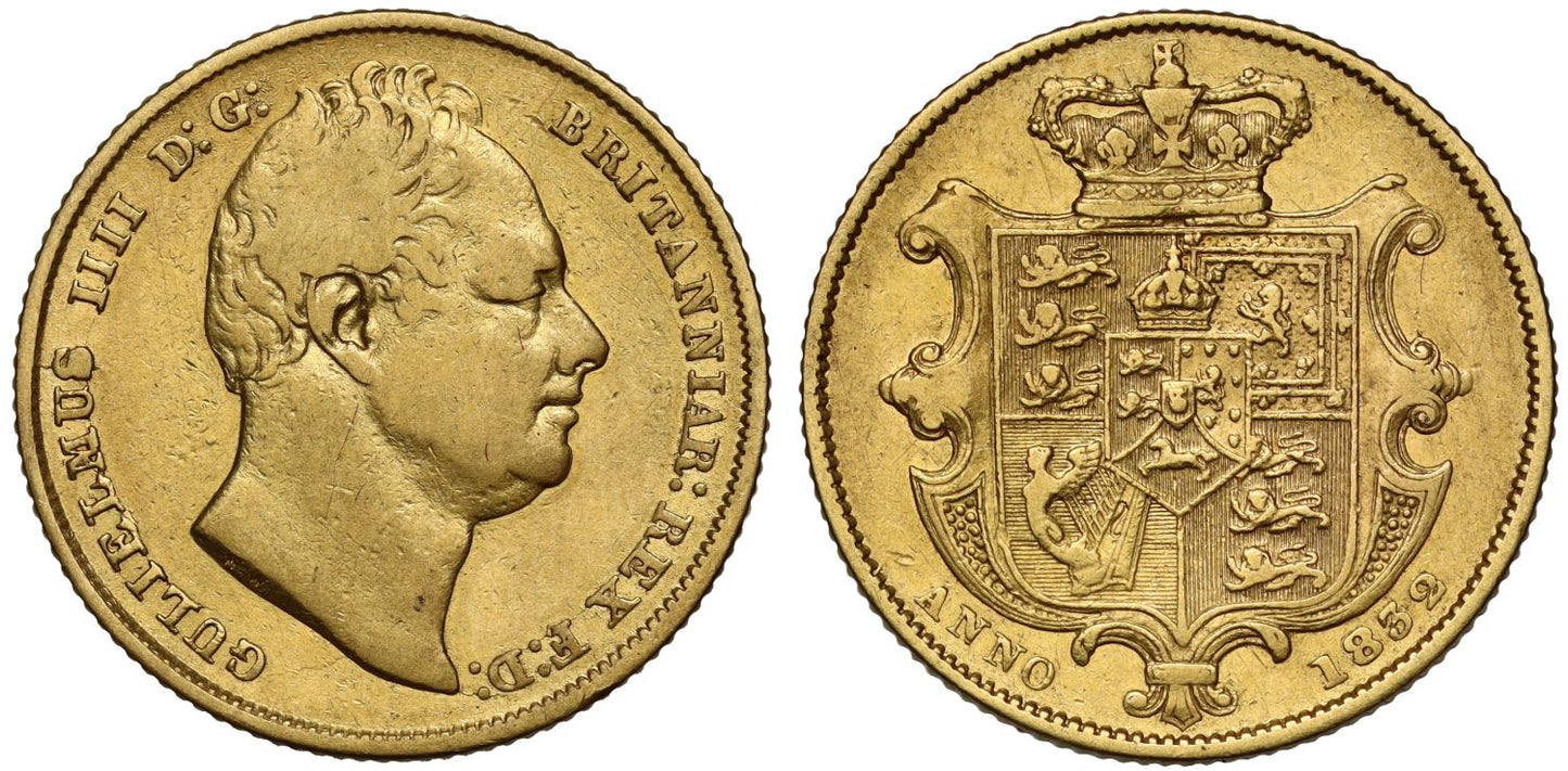 William IV 1832 Sovereign, 1st bust, nose to N, much rarer than 2nd bust