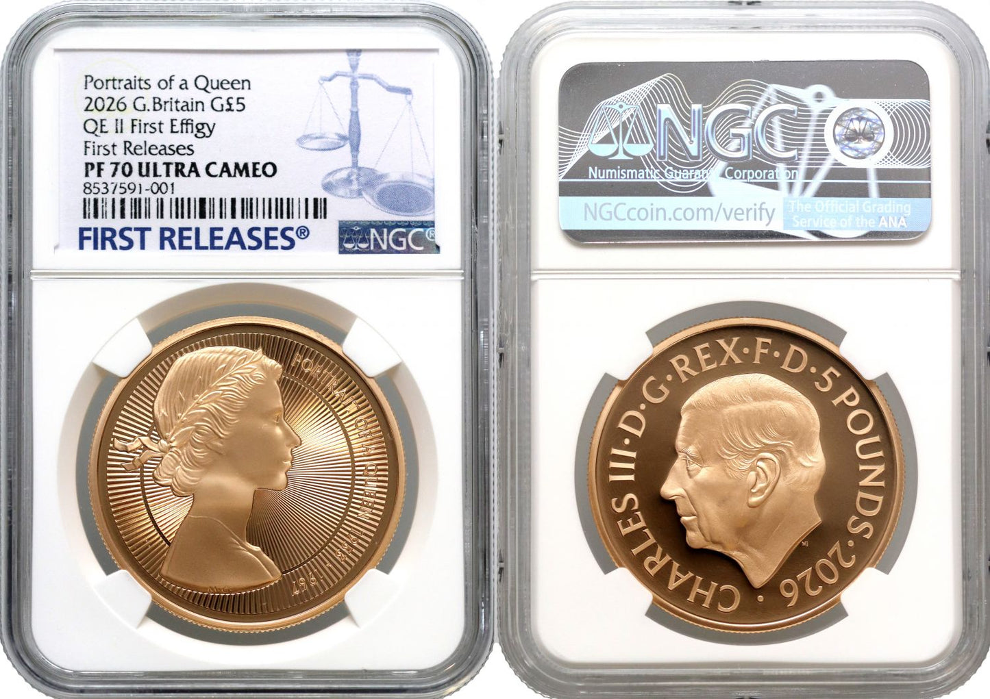 Charles III 2026 gold PF70 UC FR £5 First Effigy