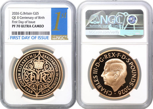 Charles III 2026 gold PF70 FDI £5 Birth of Queen Elizabeth