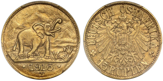 German East Africa, gold 15-Rupien 1916-T, MS63