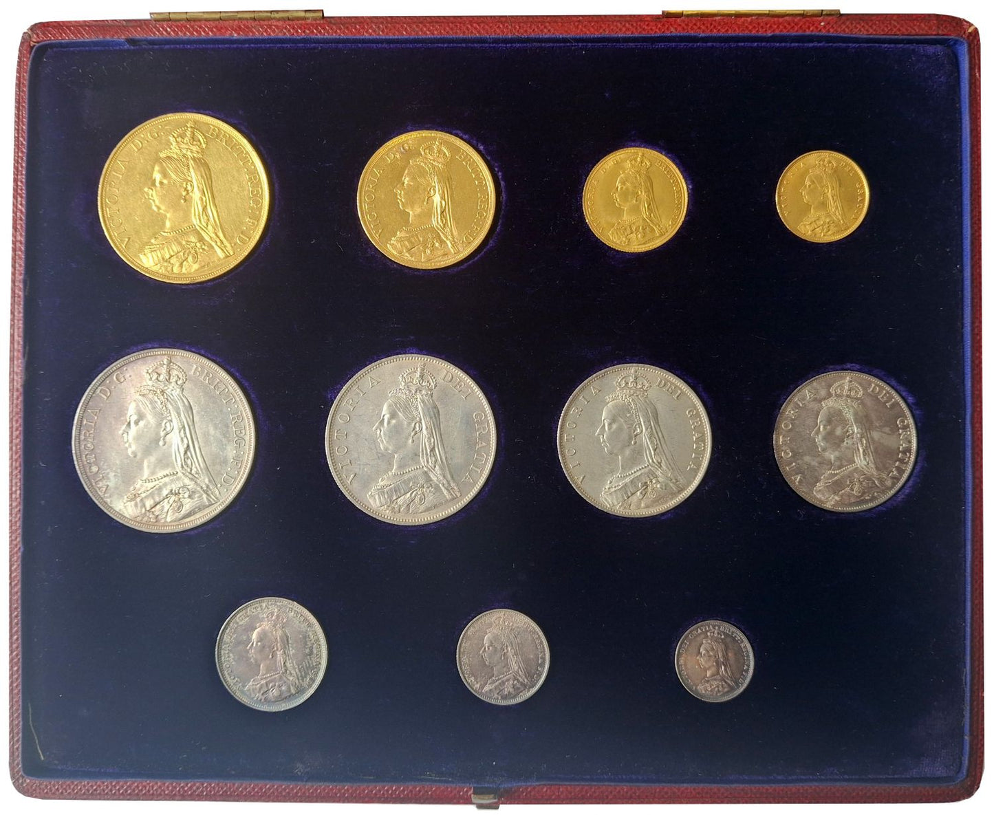 Victoria 1887 11-coin currency Set, Five Pounds to Threepence, contemporary case