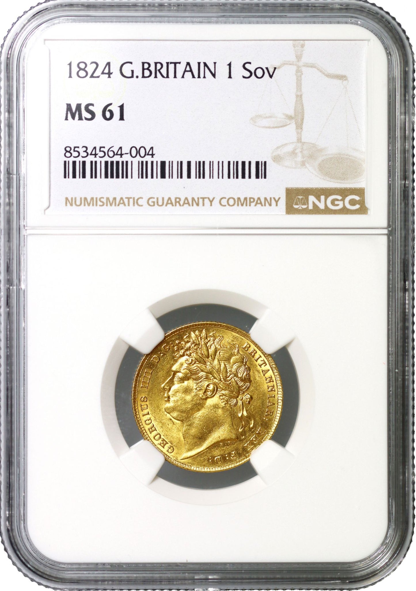 George IV 1824 Sovereign, laureate head, NGC MS61