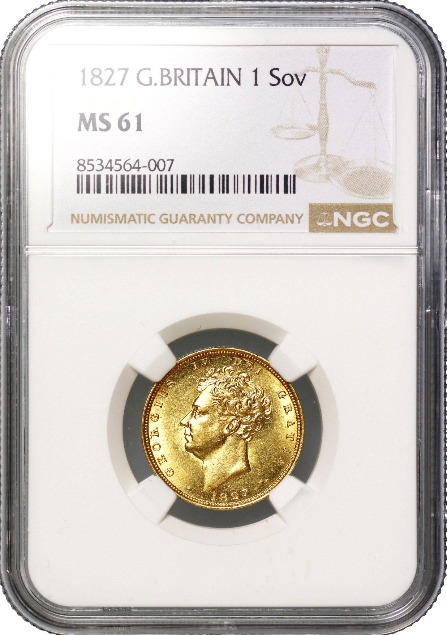 George IV 1827 Sovereign, bare head, NGCMS61
