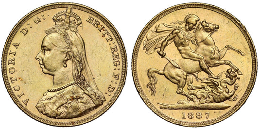 Victoria 1887-M Sovereign, Jubilee head, Melbourne, first legend, angled J