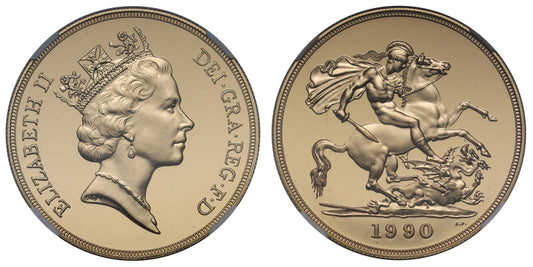 Elizabeth II 1990 PF70 UCAM gold Five-Pounds, Maklouf portrait